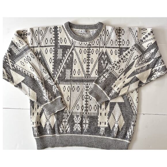 Koman VTG Sweater Men XL Gray White 80s Geometric Ski Alpine Cabin - Picture 1 of 7